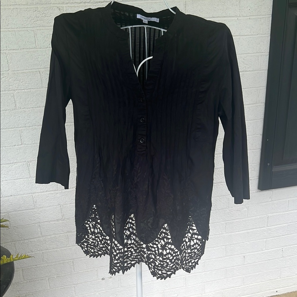 Chico's Black Pleated 3/4 Sleeve Blouse